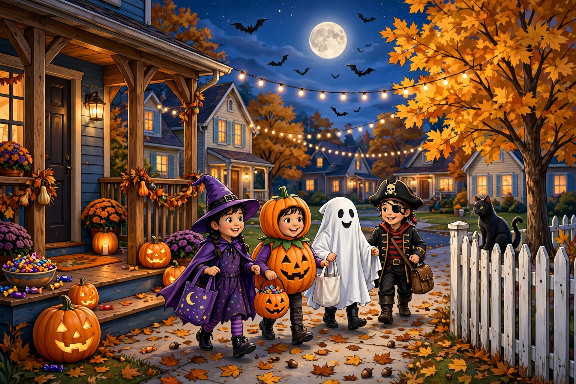 Bright cheerful Halloween evening street scene with a porch full of glowing carved pumpkins and a candy bowl, children in witch, pumpkin, ghost and pirate costumes trick-or-treating, a golden maple tree, a black cat on a white picket fence, warmly lit houses, string lights, a full moon and bats