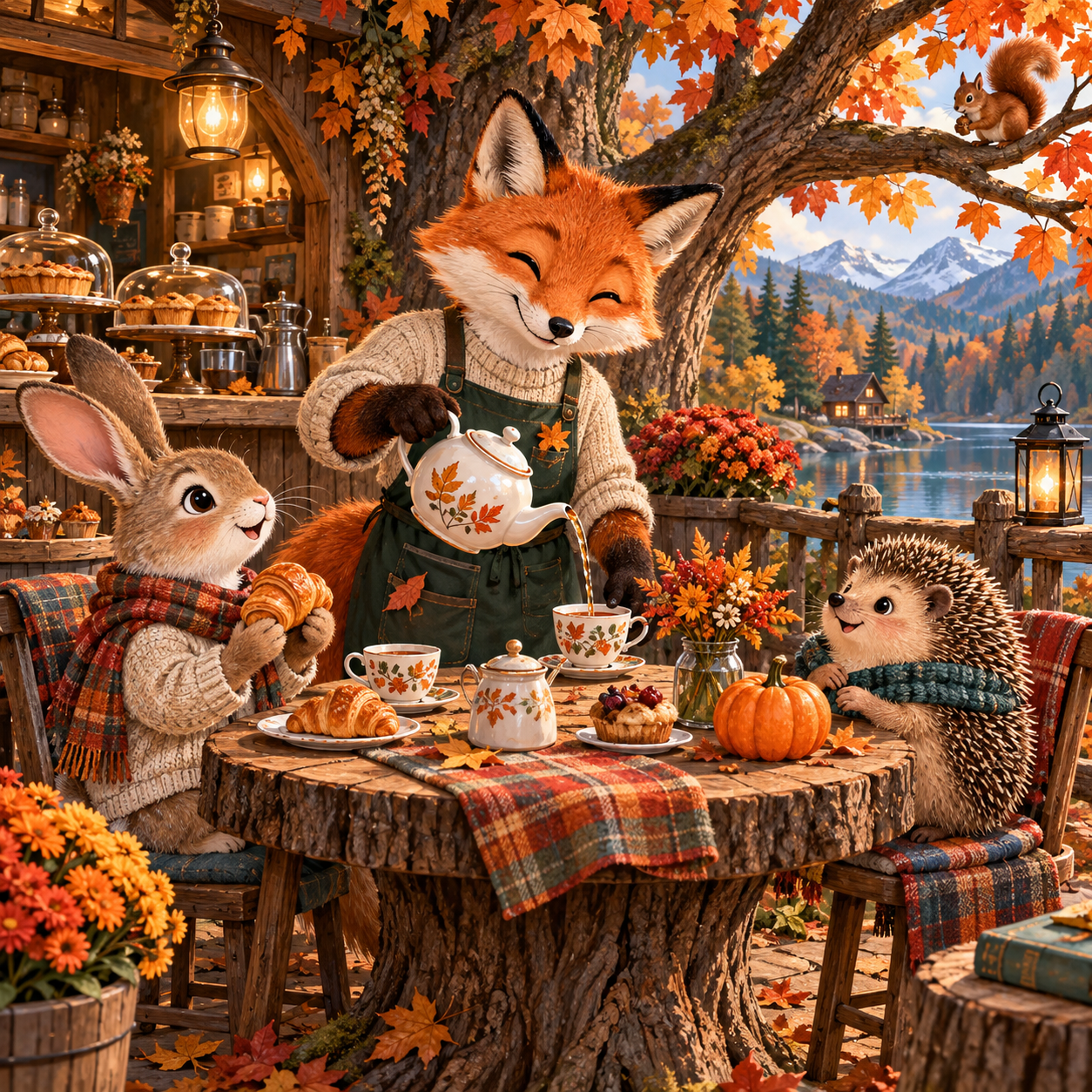 A cheerful storybook woodland café with a fox, rabbit, hedgehog, tea, pastries, and autumn pumpkins.