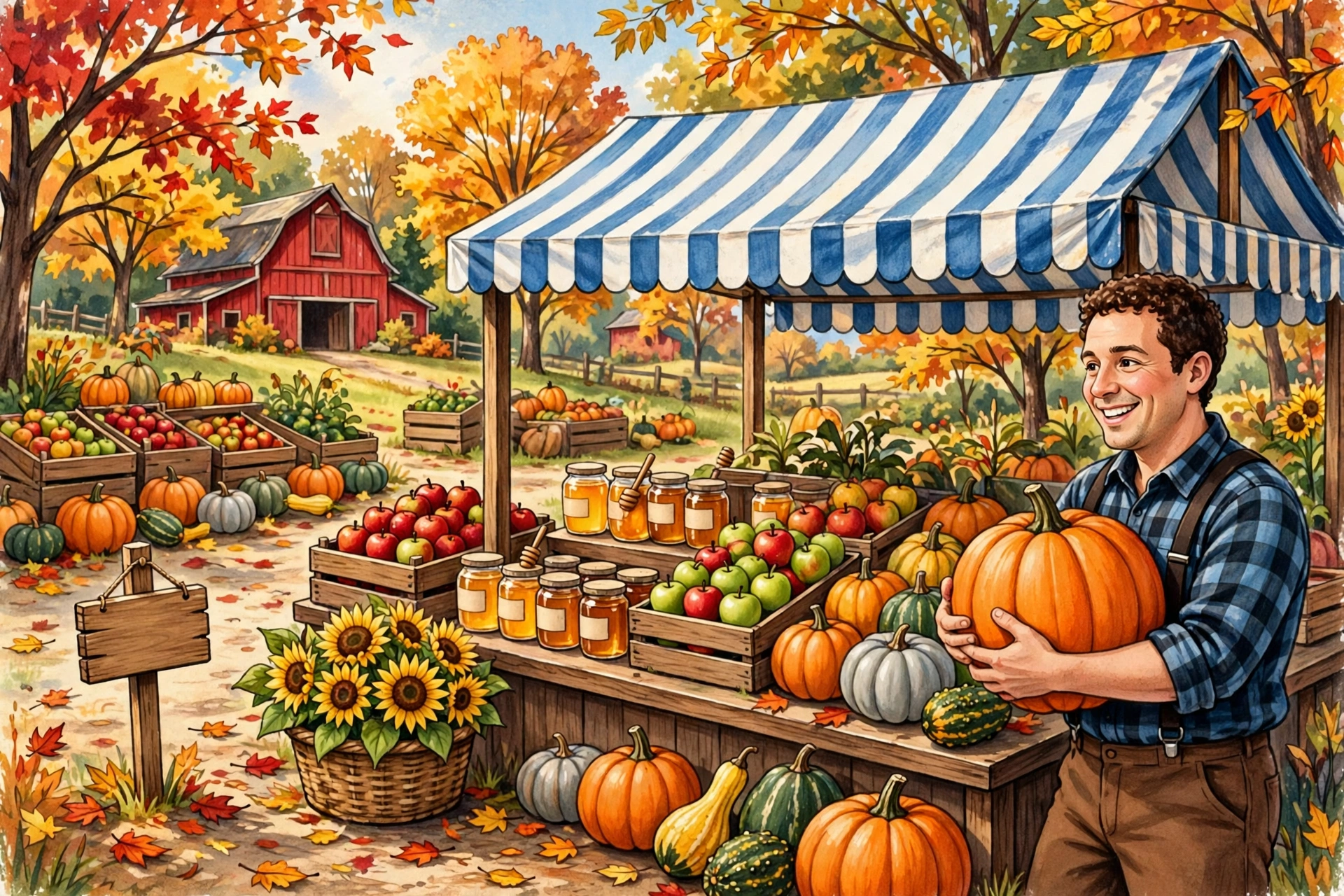 A bright autumn harvest market scene: pumpkin stalls, apple crates, honey jars, sunflowers, a red barn, and colorful fall leaves.