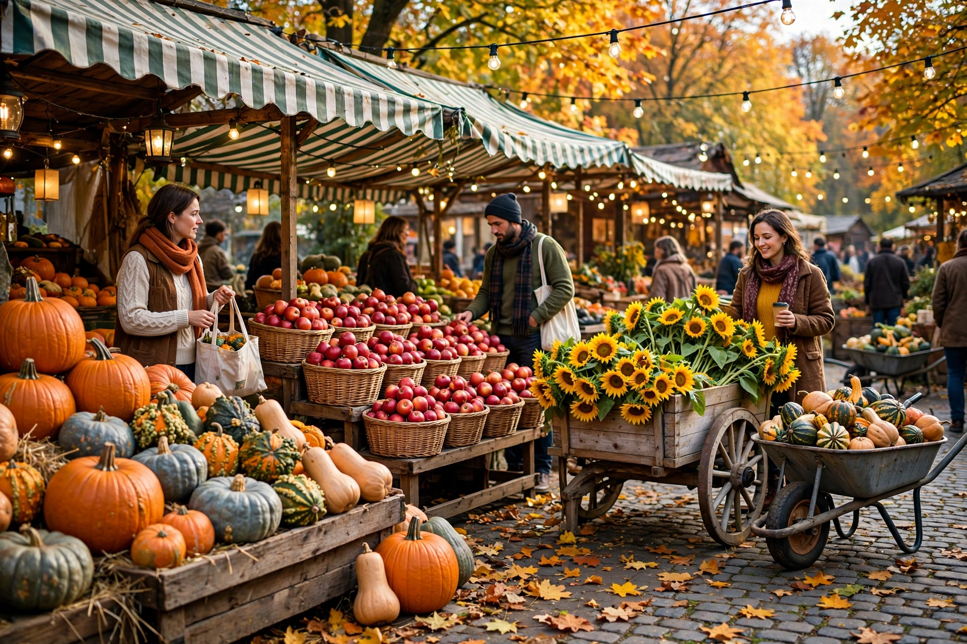 A cheerful autumn farmers market with pumpkin stalls, apple baskets, a sunflower cart, and string lights among golden fall trees