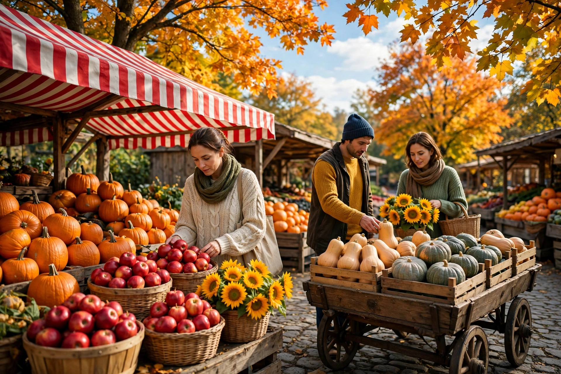 Bright autumn farmers market scene with a pumpkin stall under a red-and-white striped awning, baskets of red apples, sunflowers, a wooden cart full of squash, and shoppers browsing under orange maple trees