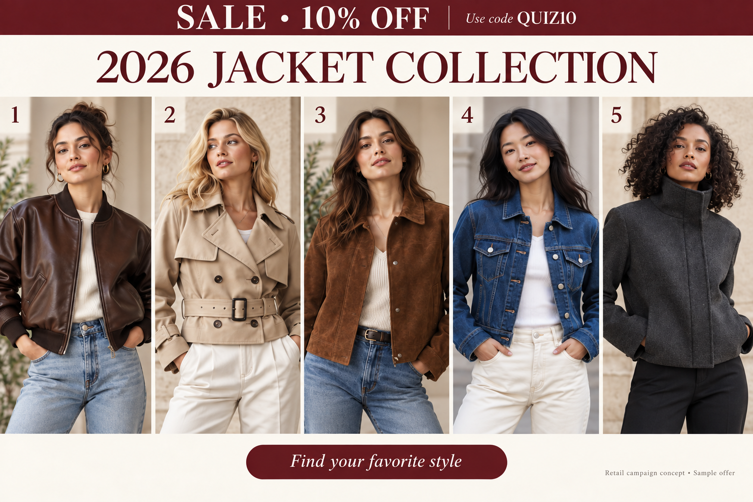 Five adult women model leather bomber, cropped trench, suede, denim, and funnel-neck jackets below a SALE 10% OFF banner with sample code QUIZ10.
