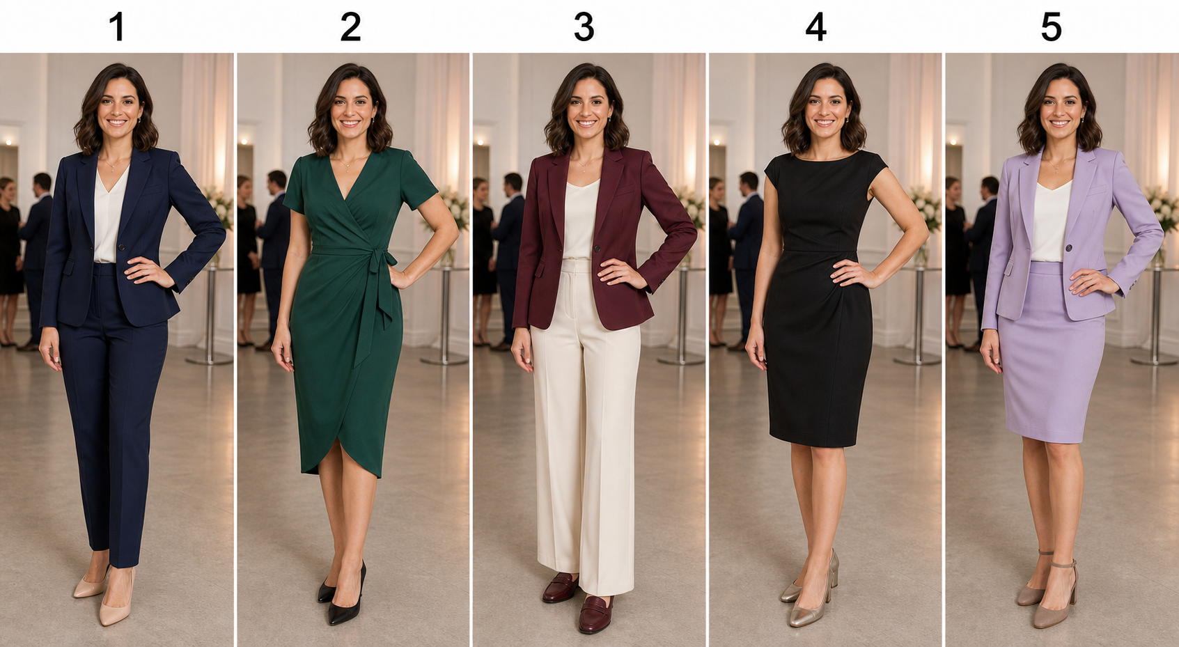 Lisa modeling five numbered business-party outfits: a navy pantsuit, emerald wrap dress, burgundy blazer with cream trousers, black cocktail dress, and lavender skirt suit.