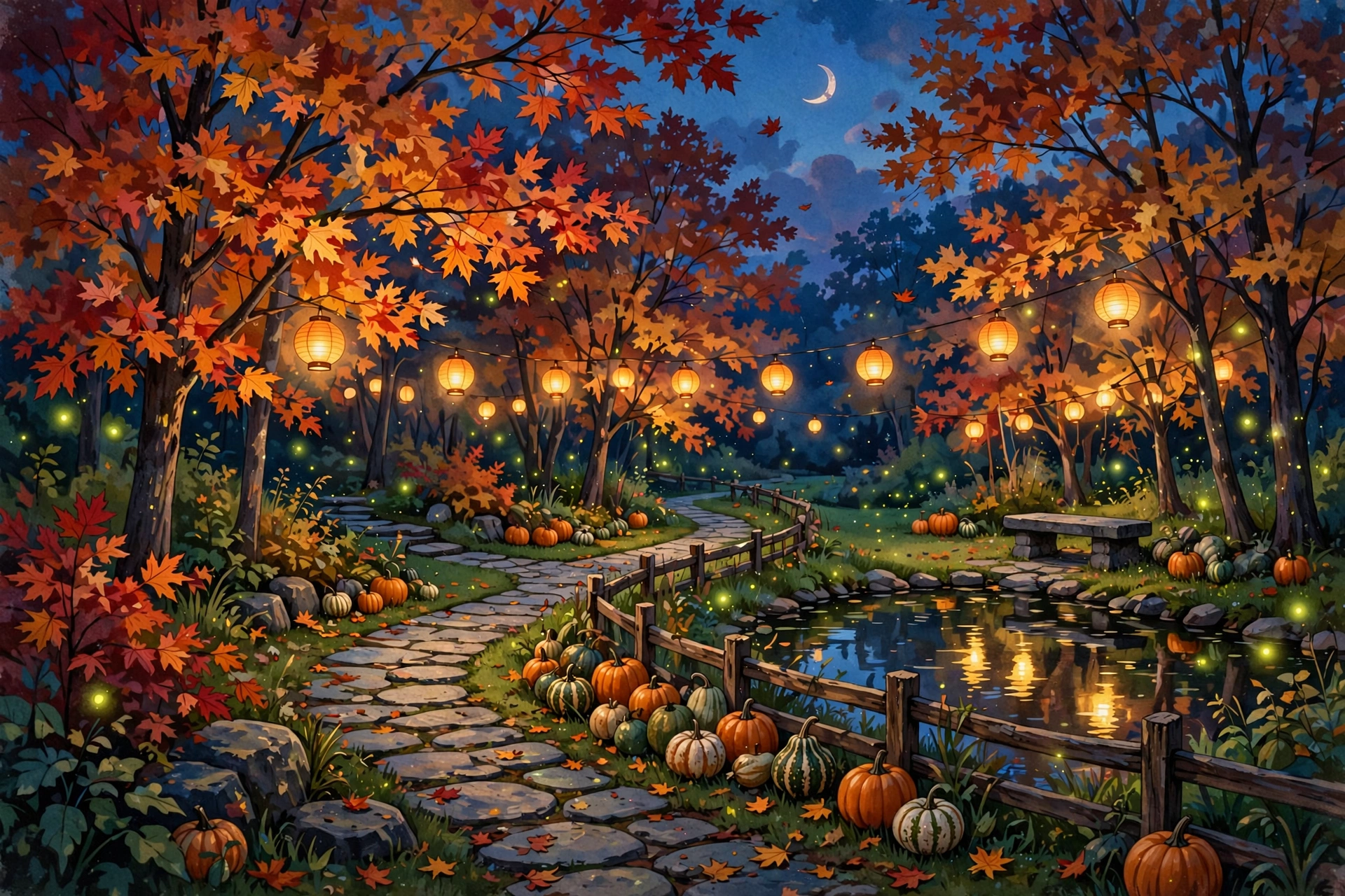 A lantern-lit autumn garden path at dusk: a stone path winding past maple trees with orange leaves, pumpkins along a wooden fence, glowing paper lanterns overhead, a stone bench by a small pond, and a crescent moon in a deep blue sky.
