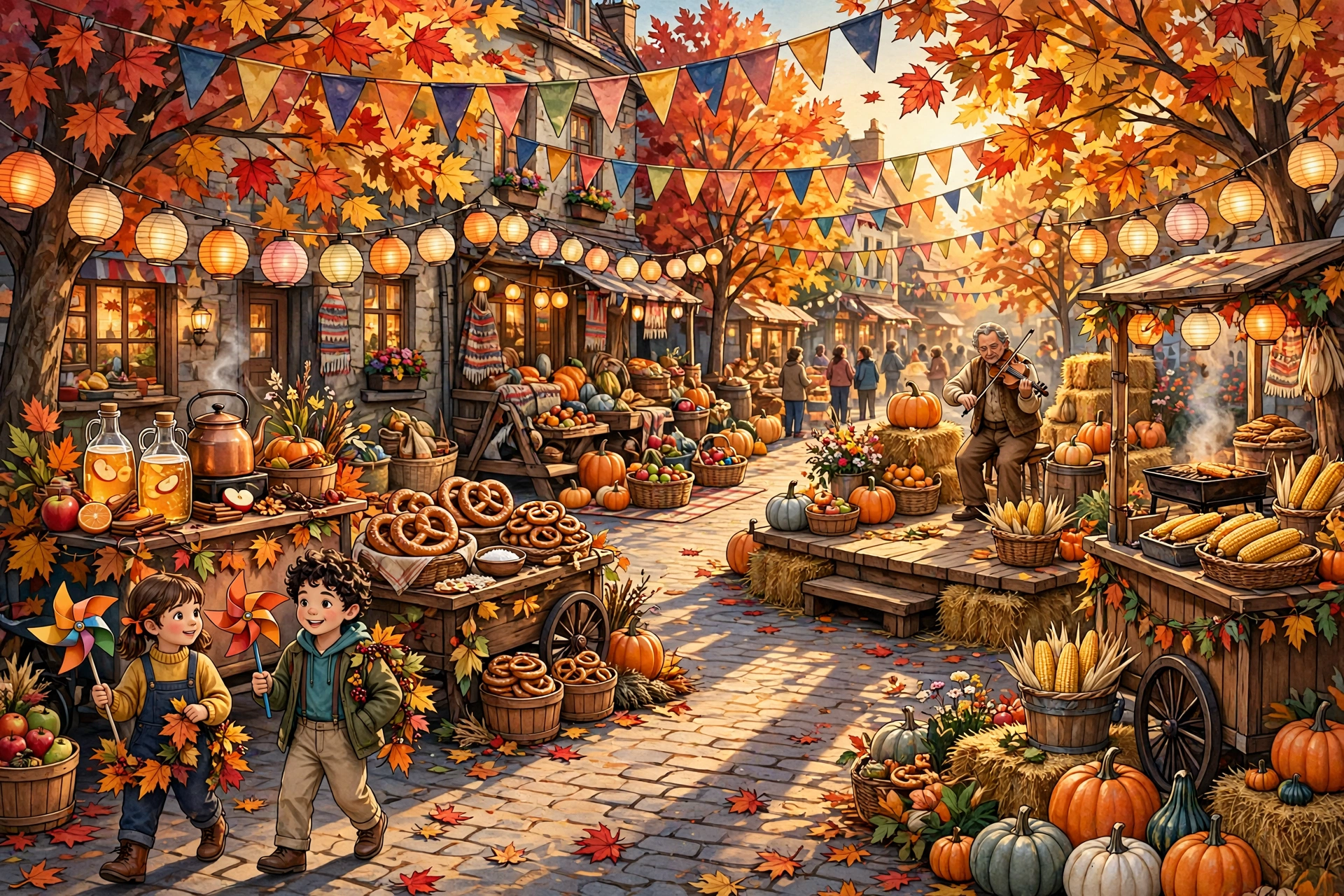 A bright autumn harvest festival street: maple trees with red and orange leaves, bunting and paper lanterns strung overhead, food carts, children with pinwheels, pumpkins and hay-bale decorations, and musicians on a small stage